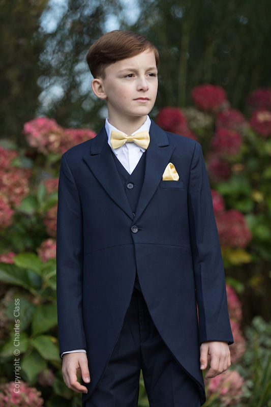 Boys Navy Tail Coat Suit with Gold Dickie Bow Set - Edward