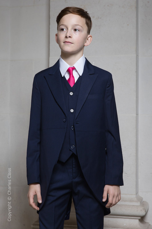 Boys Navy Tail Coat Suit with Hot Pink Tie - Edward