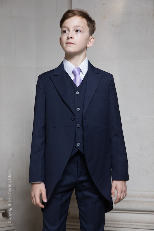 Boys Navy Tail Coat Suit with Lilac Tie - Edward