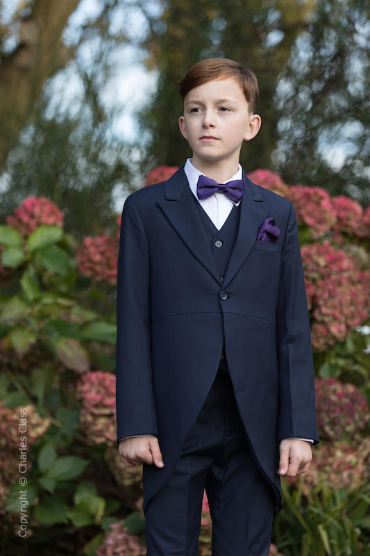 Boys Navy Tail Coat Suit with Purple Dickie Bow Set - Edward