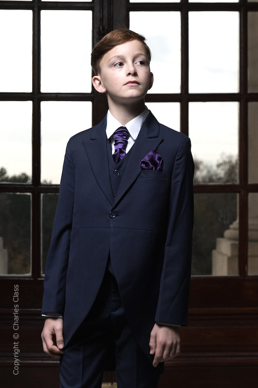 Boys Navy Tail Coat Suit with Purple Cravat Set - Edward