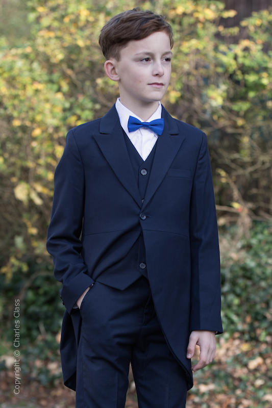 Boys Navy Tail Coat Suit with Royal Bow Tie - Edward