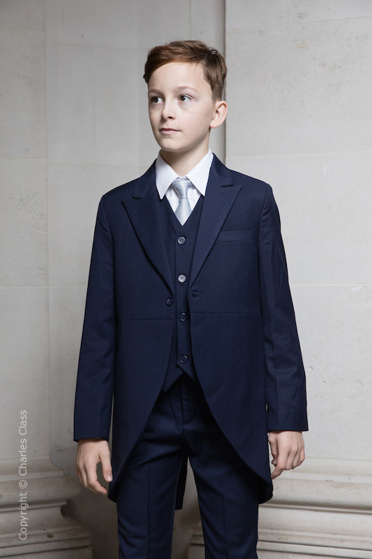 Boys Navy Tail Coat Suit with Silver Tie - Edward