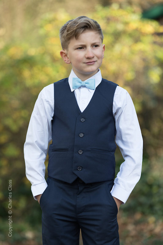 Boys Navy Trouser Suit with Sky Blue Dickie Bow - Joseph