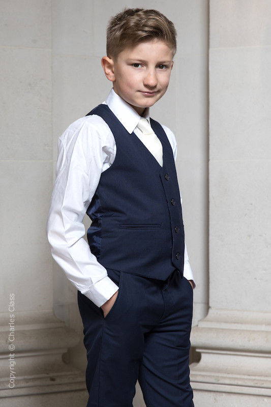 Boys Navy Trouser Suit with Ivory Tie - Joseph