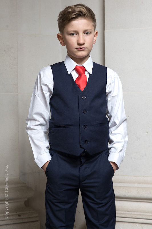 Boys Navy Trouser Suit with Red Tie - Joseph