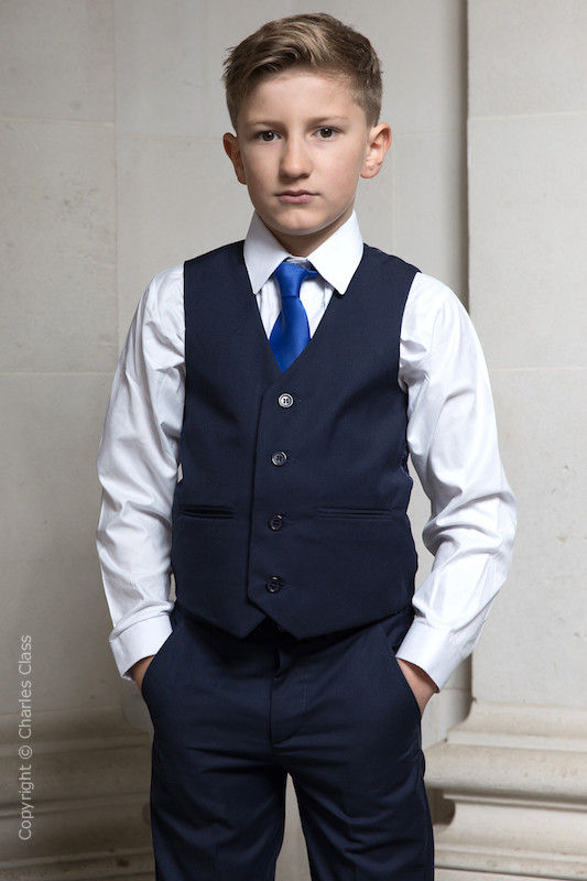 Boys Navy Trouser Suit with Royal Blue Tie - Joseph