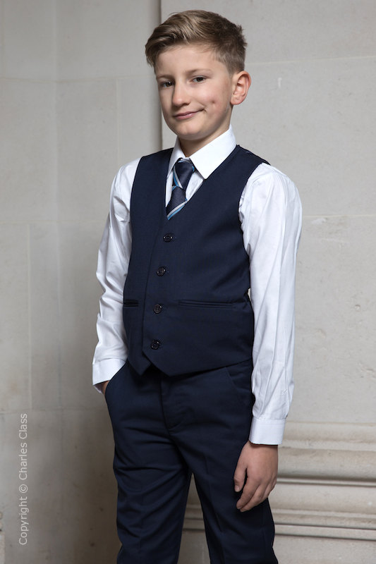 Boys Navy Trouser Suit with Striped Tie - Joseph