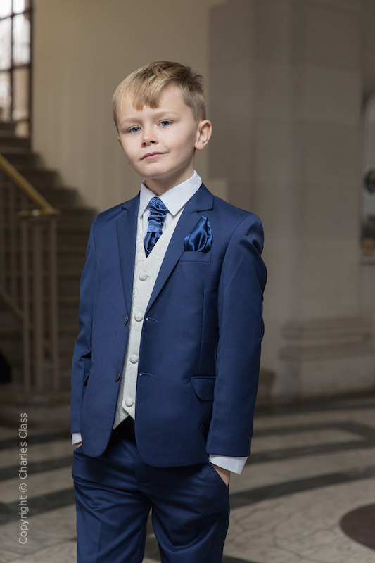 Boys Royal Blue & Ivory Suit with Navy Cravat Set - Walter