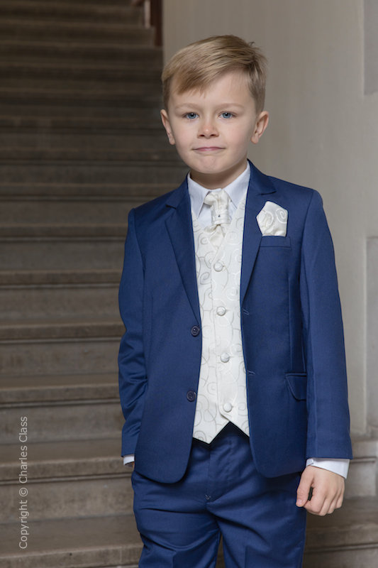 Boys Royal Blue & Ivory Scroll Jacket Suit - Walter