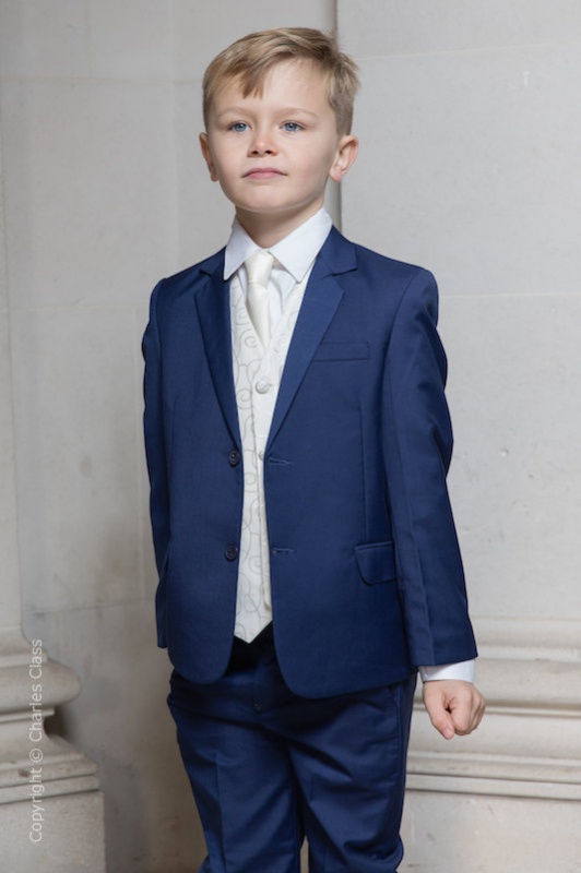 Boys Royal Blue & Ivory Suit with Ivory Tie - Walter