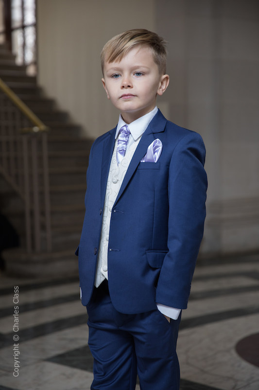 Boys Royal Blue & Ivory Suit with Lilac Cravat Set - Walter