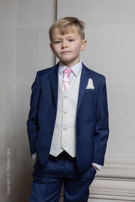 Boys Royal Blue & Ivory Suit with Baby Pink Cravat - Walter