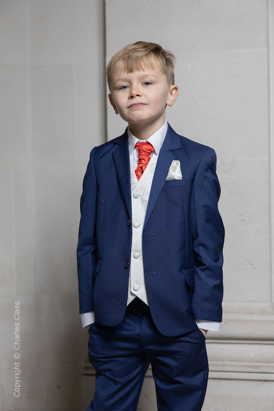 Boys Royal Blue & Ivory Suit with Poppy Red Cravat - Walter