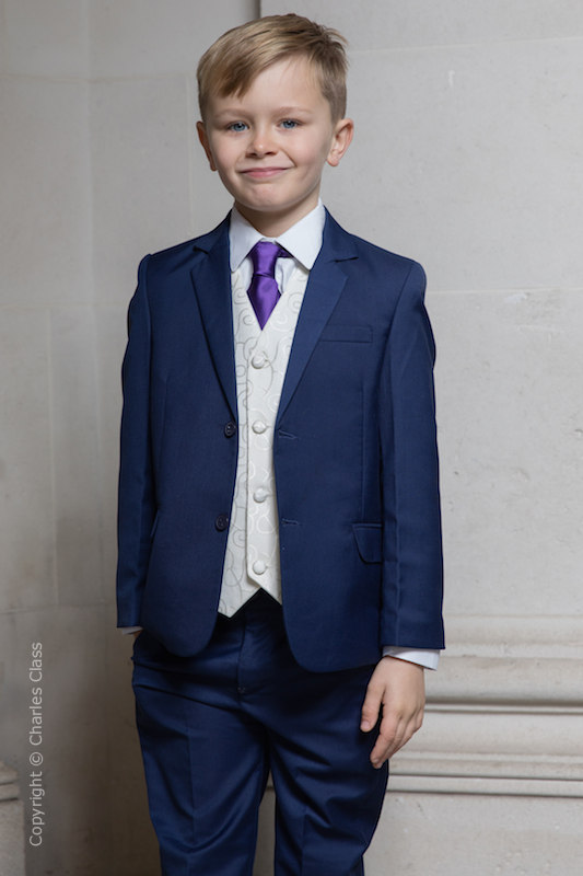 Boys Royal Blue & Ivory Suit with Purple Tie - Walter