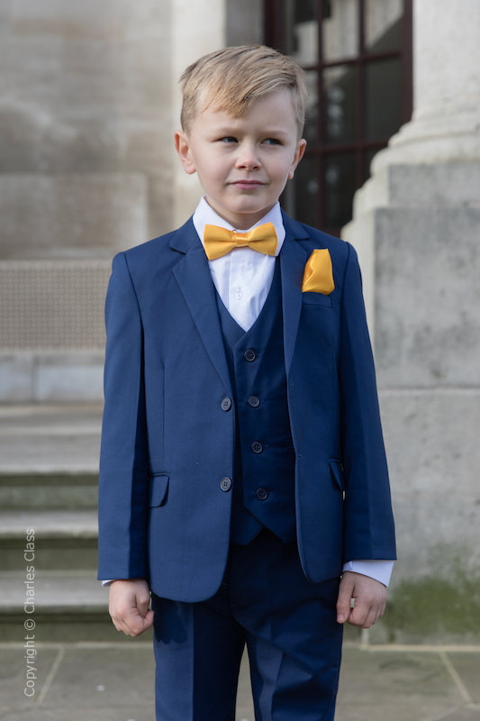 Boys Royal Blue Suit with Marigold Bow & Hankie - George