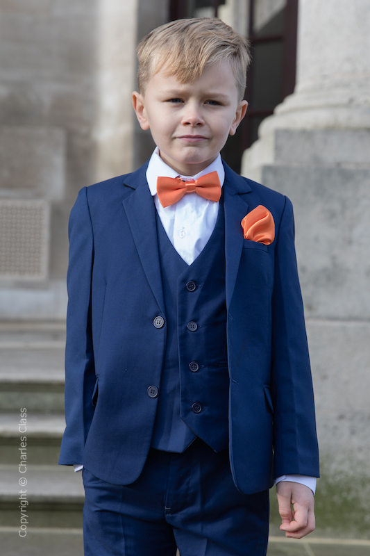 Boys Royal Blue Suit with Orange Bow & Hankie - George
