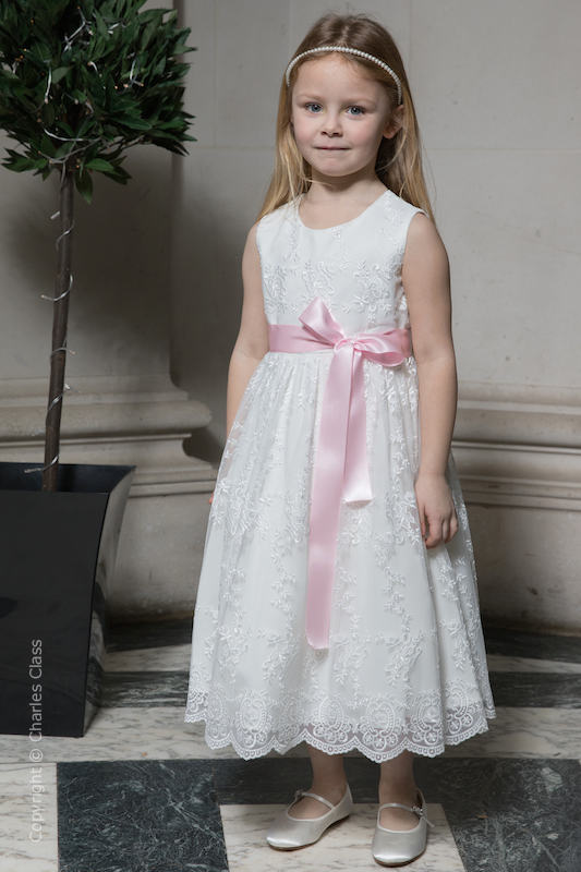 Girls Ivory Lace Dress & Baby Pink Satin Sash - Eva