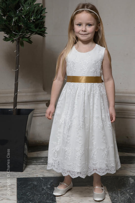 Girls Ivory Lace Dress & Gold Satin Sash - Eva