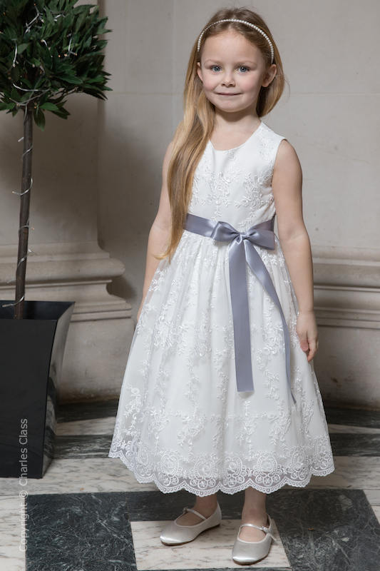 Girls Ivory Lace Dress & Silver Satin Sash - Eva