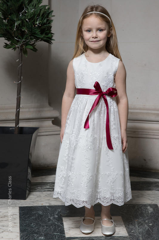 Girls Ivory Lace Dress & Wine Satin Sash - Eva