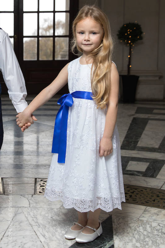 Girls White Lace Dress & Royal Blue Satin Sash - Eva