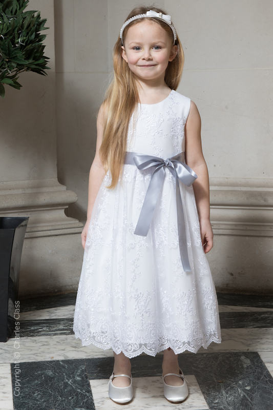 Girls White Lace Dress & Silver Satin Sash - Eva