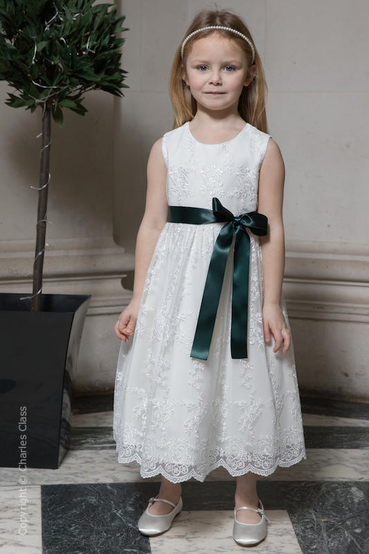 Girls Ivory Lace Dress & Hunter Green Satin Sash - Eva