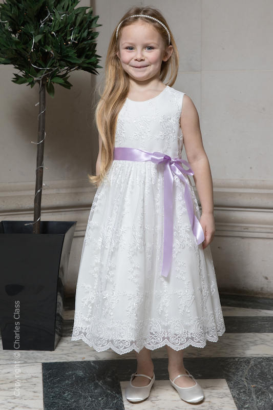 Girls Ivory Lace Dress & Lilac Satin Sash - Eva