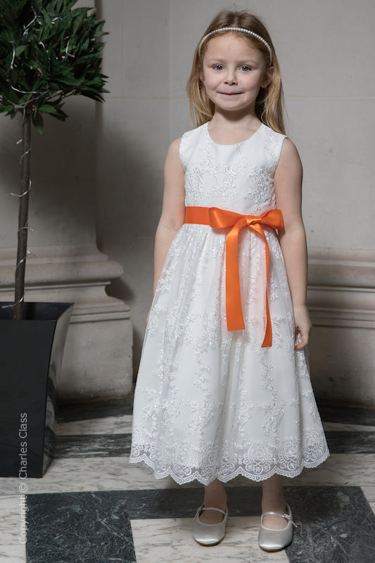 Girls Ivory Lace Dress & Orange Satin Sash - Eva