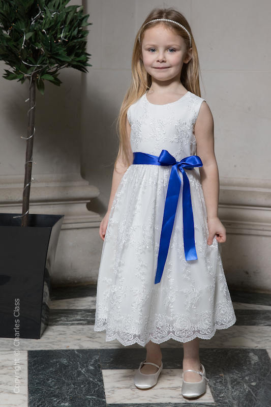 Girls Ivory Lace Dress & Royal Blue Satin Sash - Eva