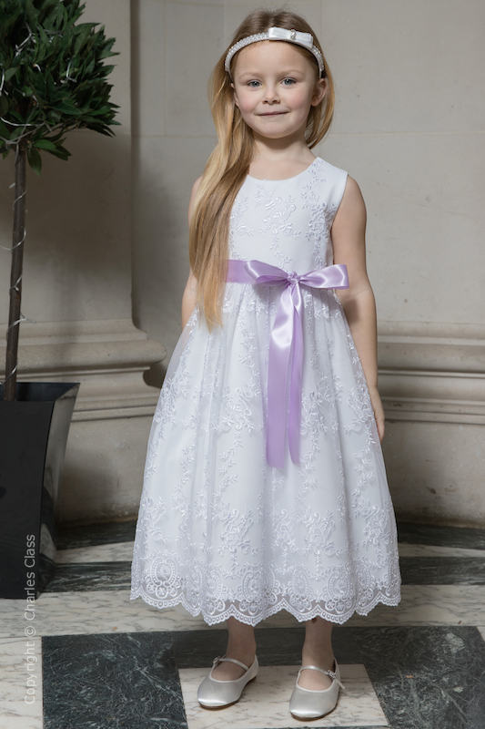 Girls White Lace Dress & Lilac Satin Sash - Eva