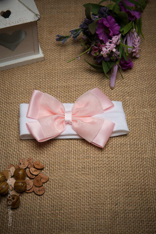 White Cotton Baby Flower Girl Headband with Pink Bow