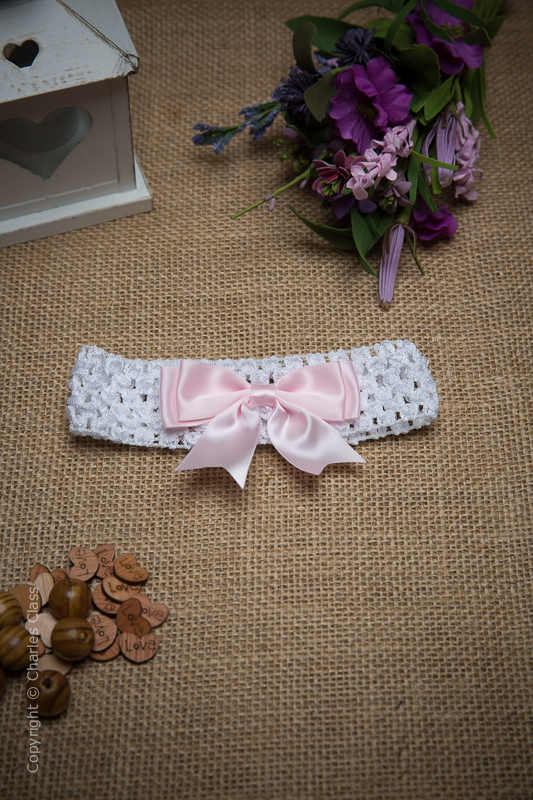 White Crochet Baby Flower Girl Headband with Pink Bow