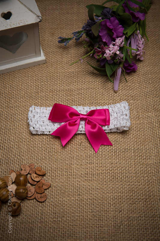 White Crochet Baby Flower Girl Headband with Hot Pink Bow
