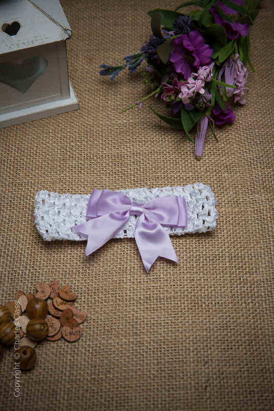White Crochet Baby Flower Girl Headband with Lilac Bow