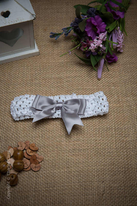 White Crochet Baby Flower Girl Headband with Silver Bow