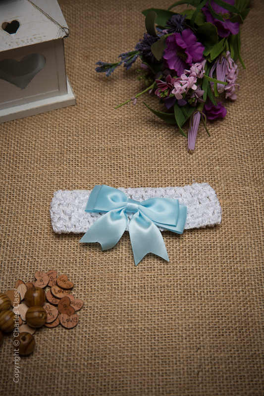 White Crochet Baby Flower Girl Headband with Sky Blue Bow