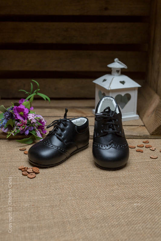 Boys Black Matt Brogue Leather Lace Up Shoes