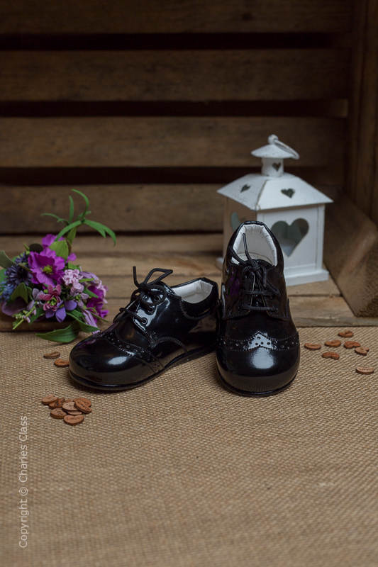 Boys Black Brogue Patent Leather Lace Up Shoes