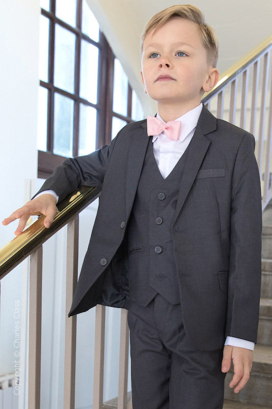 Boys Grey Jacket Suit with Pale Pink Dickie Bow - Oscar