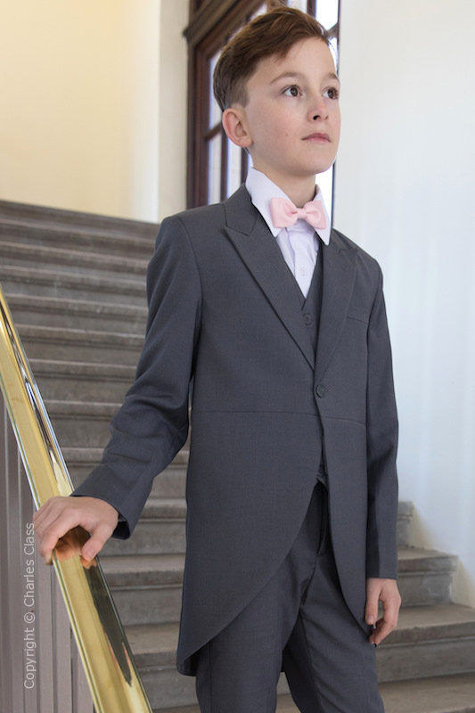 Boys Grey Tail Coat Suit with Pale Pink Bow Tie - Earl