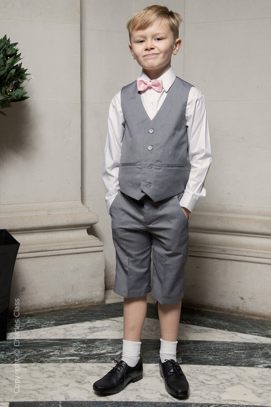 Boys Light Grey Shorts Suit with Pale Pink Dickie Bow - Harry
