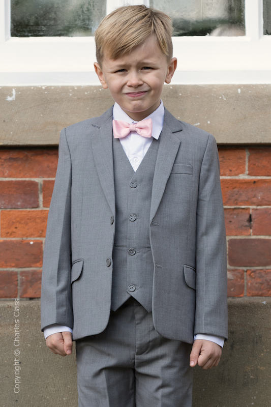Boys Light Grey Jacket Suit with Pale Pink Dickie Bow - Perry
