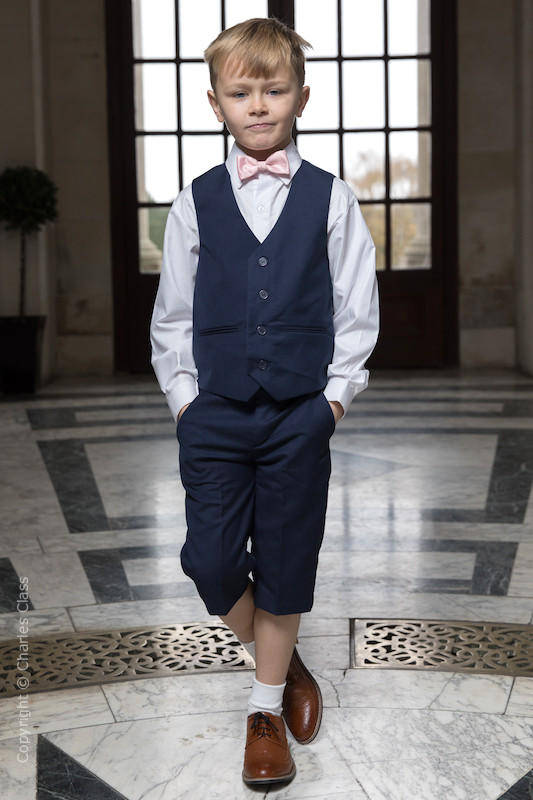 Boys Navy Shorts Suit with Pale Pink Dickie Bow - Leo