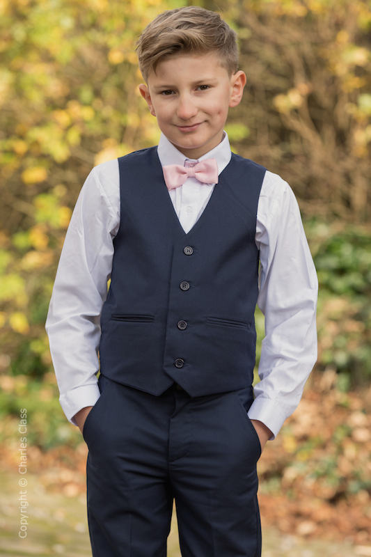 Boys Navy Trouser Suit with Pale Pink Dickie Bow - Joseph