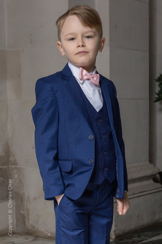 Boys Royal Blue Suit with Pale Pink Bow Tie - George
