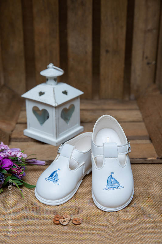 Boys White with Sky Blue Yacht T Bar Shoes by Baypods