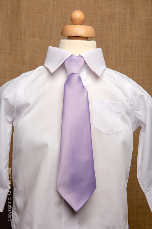 Boys White Italian Collar Shirt with Lilac Tie