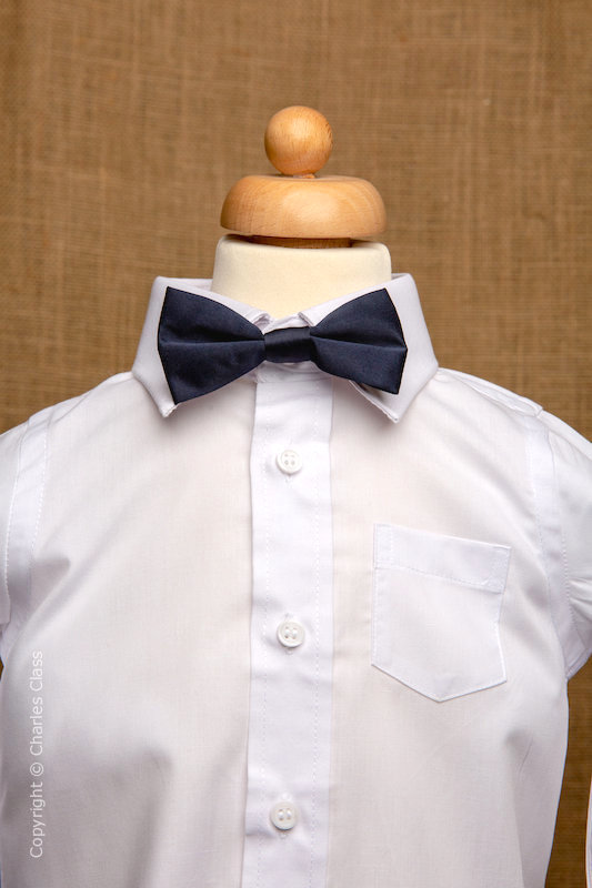 Boys White Italian Collar Shirt with Navy Dickie Bow